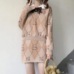 Juwas NEW ARRIVAL Vintage Cute Bear Diamond Pattern Sweater Skirt Set 9 Juwas NEW ARRIVAL Vintage Cute Bear Diamond Pattern Sweater Skirt Set