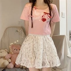 Juwas NEW ARRIVAL Sweet Cherry Print Cotton Short T-shirt