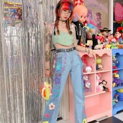Juwas Vintage Retro Flower Patch Jeans Denim