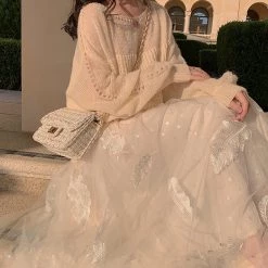 Juwas NEW ARRIVAL Vintage Apricot Lace Maxi Skirt