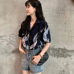 Juwas Vintage Crane Print Loose Shirt