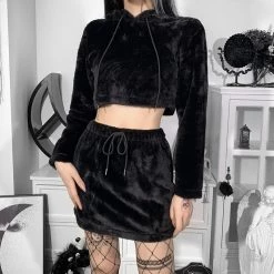 Juwas Gothic Faux Fur Hoodie Crop Top And Mini Skirt Set CLOTHING