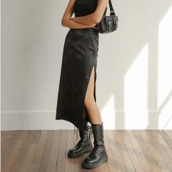 Juwas Classic Black Flower High Slit Maxi Skirt NEW ARRIVAL