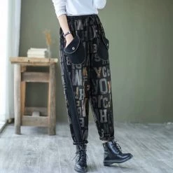 Juwas Letter Printed Faded Elasticity Waist Jeans