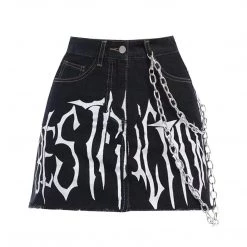 Juwas NEW ARRIVAL Gothic Letters Print Chain Denim Skirt
