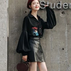 Juwas Vintage Style Embroidery Black Shirt