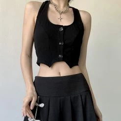 Juwas Retro Black Button Up Halter Crop Top NEW ARRIVAL