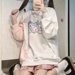 Juwas Playful Pixel Cat Printed Oversize Sweater