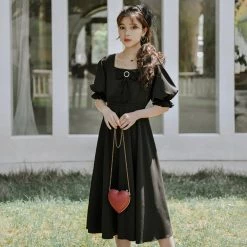 Juwas Black Victorian Ruffled A-Line Midi Dress