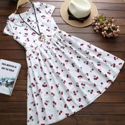 Juwas Cherry Printed Cotton Linen Dress NEW ARRIVAL