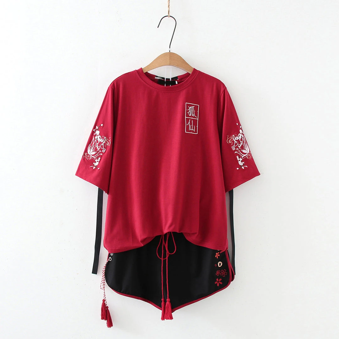 Juwas Japanese Style Red And Black Lucky Cat Top Short 3 Juwas Japanese Style Red And Black Lucky Cat Top Short