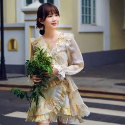 Juwas French Yellow Lotus Ruffle Mini Dress CLOTHING