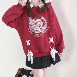 Juwas NEW ARRIVAL Little Red Girl Lace Oversized Hoodie