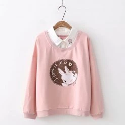 Juwas Rabbit Japanese Letter Print Fake Two-Piece Hoodie CLOTHING