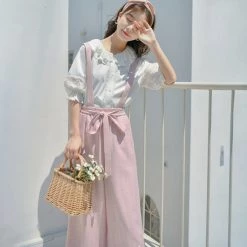 Juwas Rose Pink Plaid Capri Romper Pants