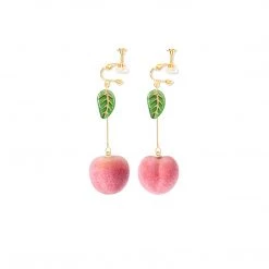 Juwas Sweet Peach Fruit Leaf Dangle Earrings