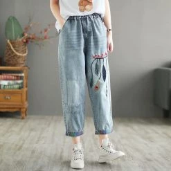 Juwas Leaf Embroidery Elastic Waist Vintage Jeans CLOTHING