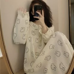 Juwas CLOTHING Lovely Rabbit Print Comfy Cotton Long Pajamas Dress