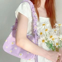 Juwas Lavender Daisy And Checkered Print Shoulder Bag