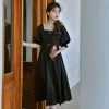 Juwas Black Victorian Ruffled A-Line Midi Dress