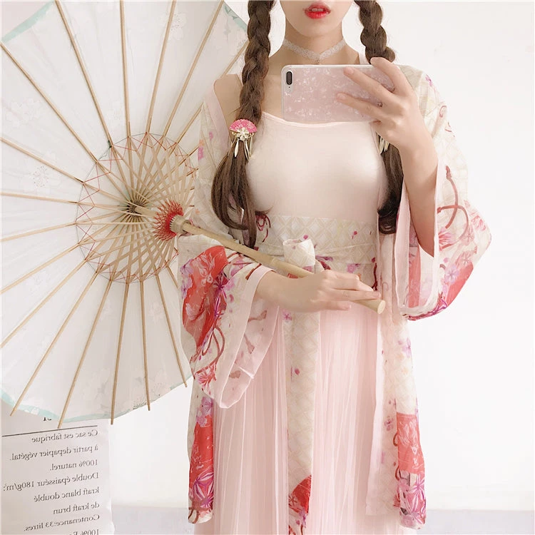 -Juwas Japanese Flower Chiffon Loose Kimono Set 3 -Juwas Japanese Flower Chiffon Loose Kimono Set