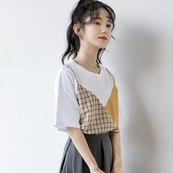 Juwas Plaid Color Block Round Collar T-shirt