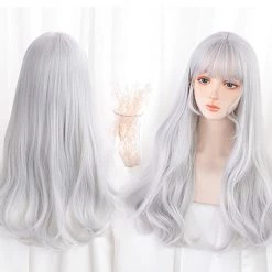 Juwas Lolita Gray White Bang Long Curly Wig