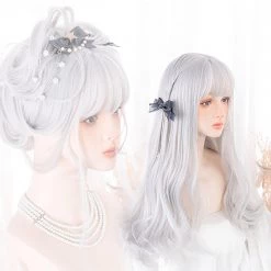 Juwas Lolita Gray White Bang Long Curly Wig
