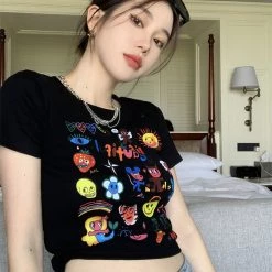 Juwas NEW ARRIVAL Life Is Beautiful Letter Cartoon Print Short T-shirt