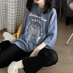 Juwas Summer Bear Letter Print Round Collar T-shirt