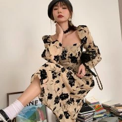 Juwas Vintage Beige Floral Puff Sleeve Dress CLOTHING