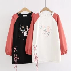 Juwas Rabbit Flower Print Two-Tone Sweatshirt