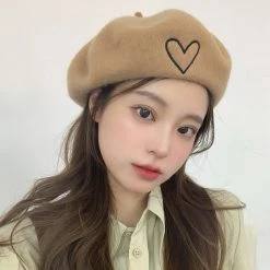 Juwas Front Heart Embroidered Beret Hat CLOTHING