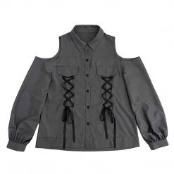 Juwas NEW ARRIVAL Vintage Lace Up Off-The-Shoulder Streetwear Shirt