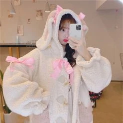 -Juwas Cute Rabbit Ears Horn Buckle Warm Coat