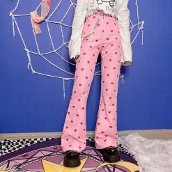 Juwas Pink Love Hearts Print Flared Pants NEW ARRIVAL