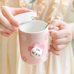 Juwas Kawaii Sweet Kitten Pink Mug With Lid