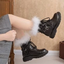 Juwas NEW ARRIVAL Chic Hearts Bow Fur Faux Chunky Ankle Boots