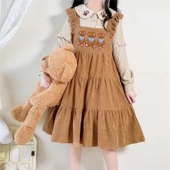 Juwas Bear Embroidery Corduroy Long Sleeve Dress NEW ARRIVAL