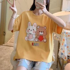 Juwas NEW ARRIVAL Bear And Rabbit Print Summer Cotton Pajamas Set