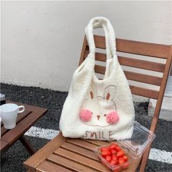 Juwas Cute Bunny Blush Pom Pom Plush Tote Bag