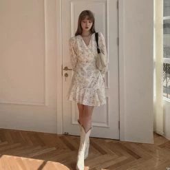 Juwas CLOTHING Vintage Floral V-Neck Short Dress