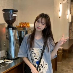 Juwas Vintage Bear Embroidery Loose Cotton T-shirt