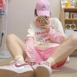 Juwas Cartoon Print Fake Two-Piece Cotton Hoodie