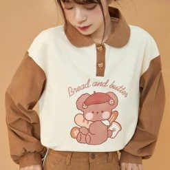 Juwas Cartoon Bear Print Button Collar Sweatshirt Skirt CLOTHING