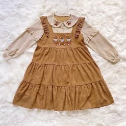 Juwas Bear Embroidery Corduroy Long Sleeve Dress NEW ARRIVAL