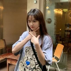 Juwas Vintage Bear Embroidery Loose Cotton T-shirt