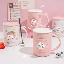 Juwas Kawaii Sweet Kitten Pink Mug With Lid