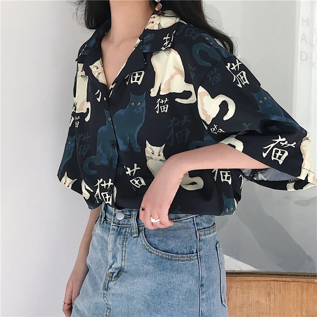Juwas Vintage Cat Print Feline Button Up Shirt NEW ARRIVAL 8 Juwas Vintage Cat Print Feline Button Up Shirt NEW ARRIVAL