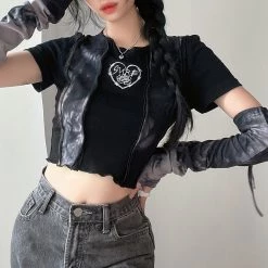 Juwas Gothic Black Tie-dye Short Tops NEW ARRIVAL